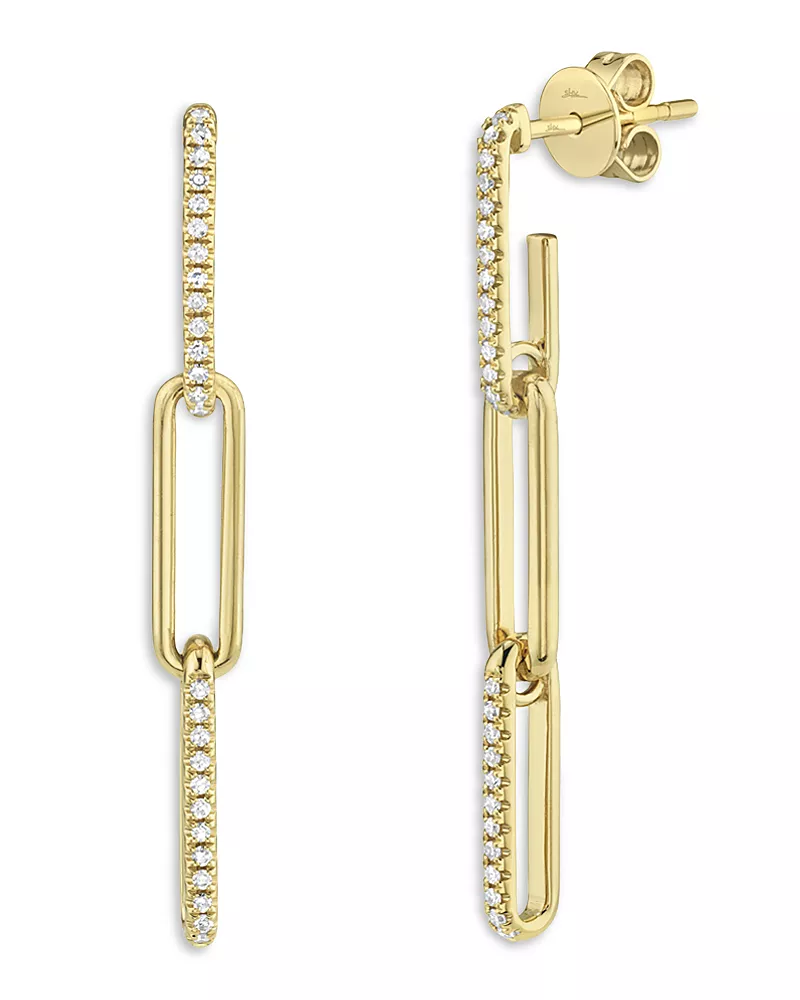 Shy Creation 14K Yellow Gold Diamond Pave Paperclip Link Drop Earrings