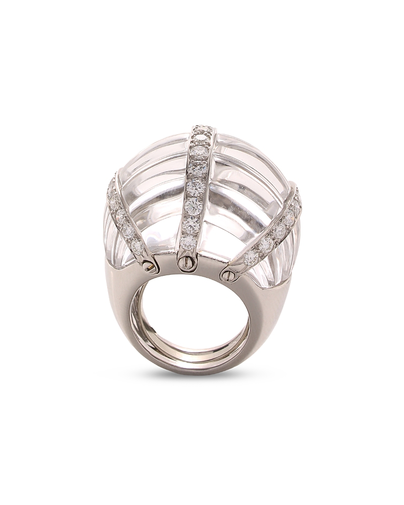 David Webb Platinum & 18K White Gold Twilight Carved Rock Crystal & Diamond Lombard Ring
