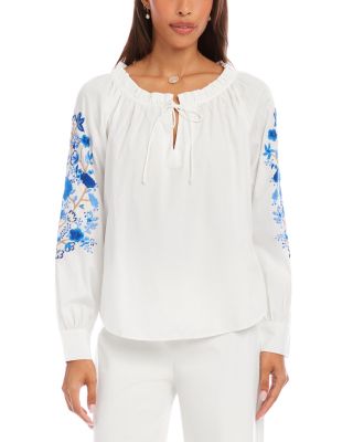 Embroidered Blouson Sleeve Tie Neck Peasant Top