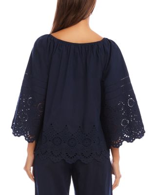 Flare Sleeve Embroidered Scallop Edge Peasant Top