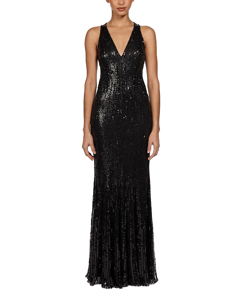 Jenny Packham Black Flower Sequined V-Neck Maxi Dress