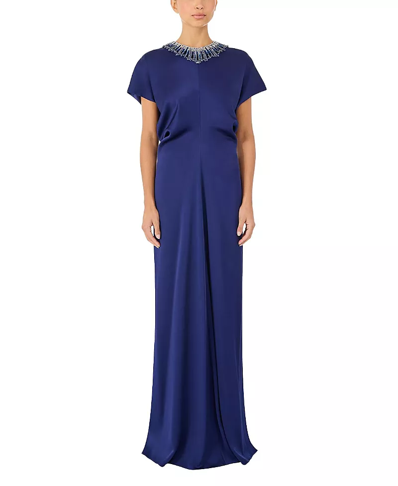 Jenny Packham Novak Embellished-Collar Maxi Dress