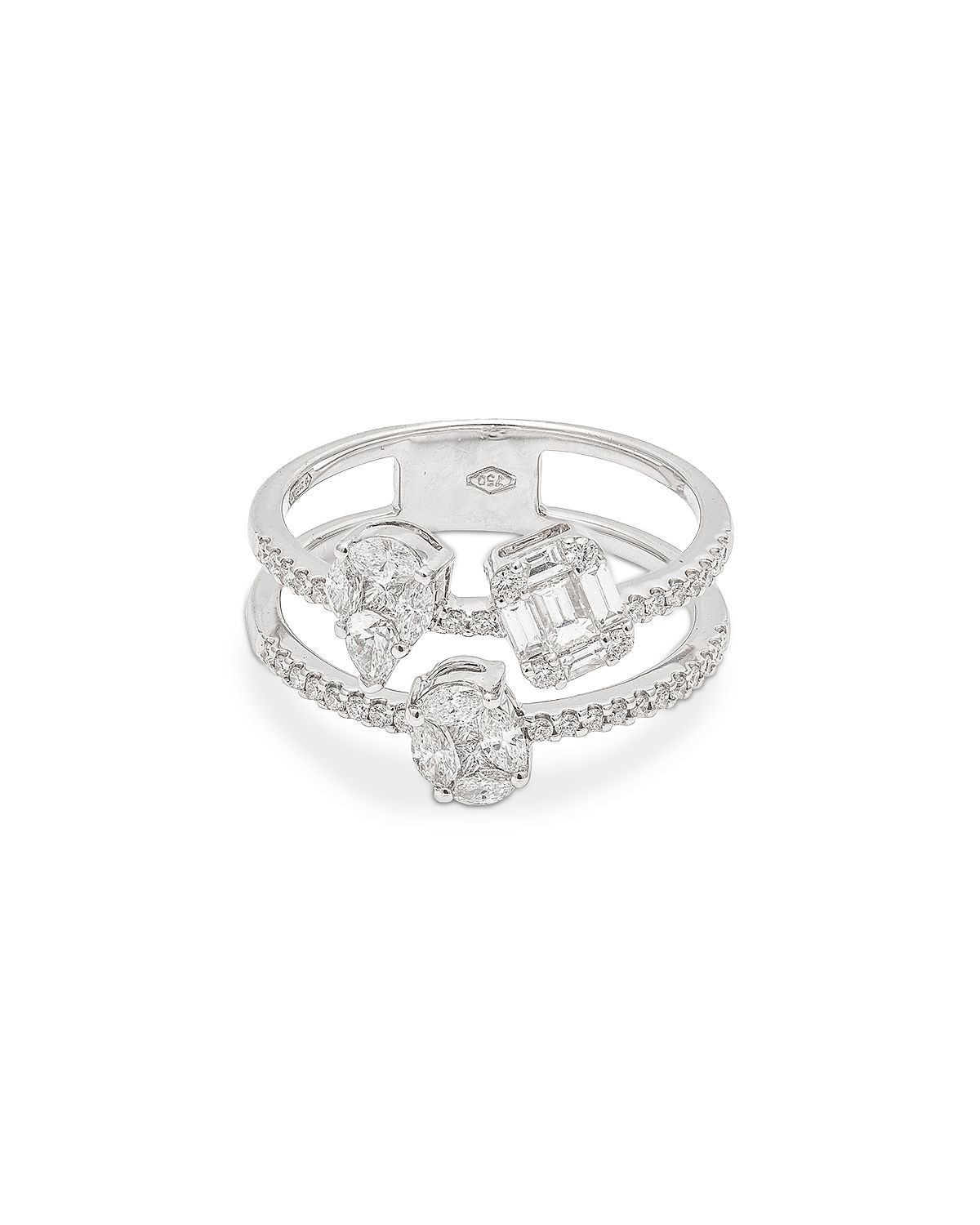 Zydo 18K White Gold Mosaic Diamond Mixed Cut Double Band Ring