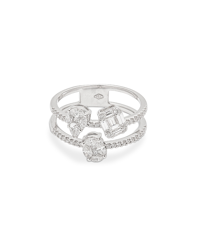 Zydo 18K White Gold Mosaic Diamond Mixed Cut Double Band Ring