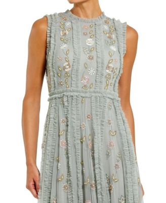  Petite Floral Mesh Sleeveless A Line Micro Ruffle Gown
