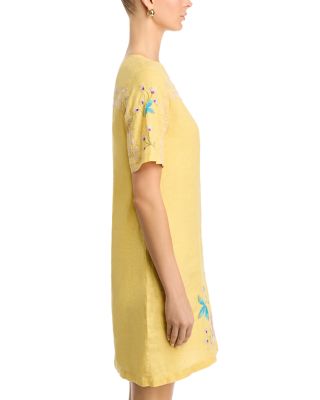 Johnny Was Embroidered Linen Button Neck Dress - Soft Citron