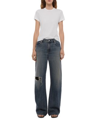 High Rise Ripped Bootcut Jeans in Tinted Vintage Blue