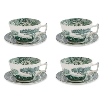 Heritage Green Italian Teacup and Saucer, Set of 4