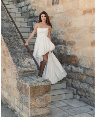  Petite Strapless High-Low Satin Gown with Draped Skirt