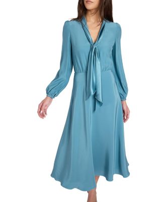  Jenn Long Sleeve Silk Midi Tie-Neck Dress