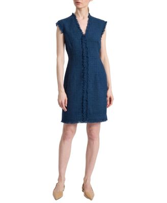  Tuscany Sleeveless V-Neck Tweed Dress with Fringe Detail