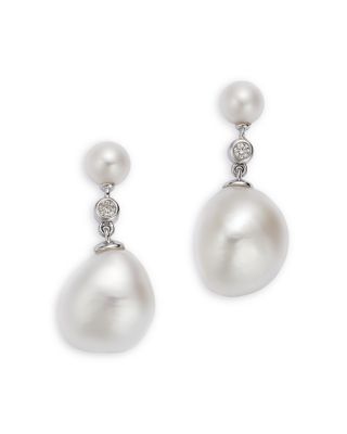 Spring Pearl Cultured Freshwater Pearl & Diamond Drop Earrings in 14K White Gold
