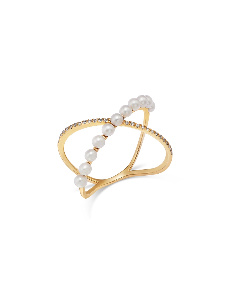 Bloomingdale's Fine Collection Spring Pearl Freshwater Pearl and Diamond Crossover Ring in 14K Yellow Gold