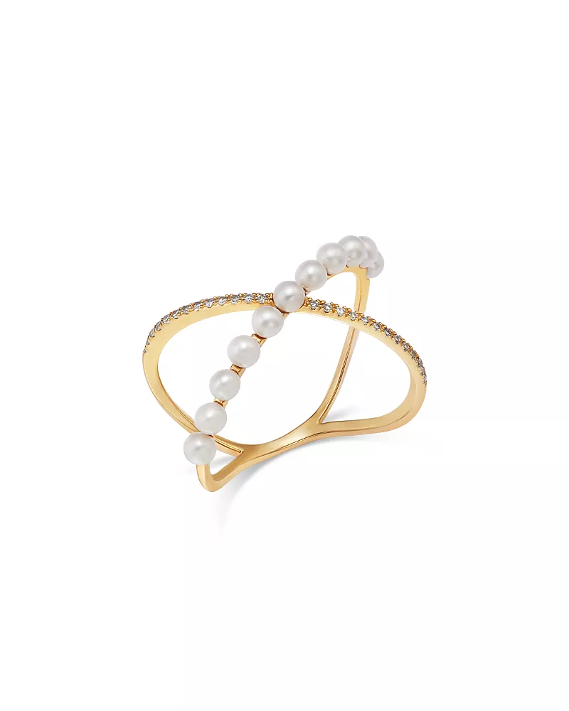 Bloomingdale's Fine Collection Spring Pearl Freshwater Pearl and Diamond Crossover Ring in 14K Yellow Gold