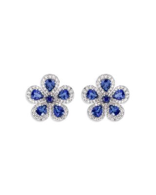 18K White Gold Diamond & Blue Sapphire Classic Flower Earrings