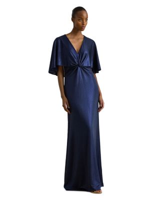 Metallic Jersey Twist Front Cape Gown