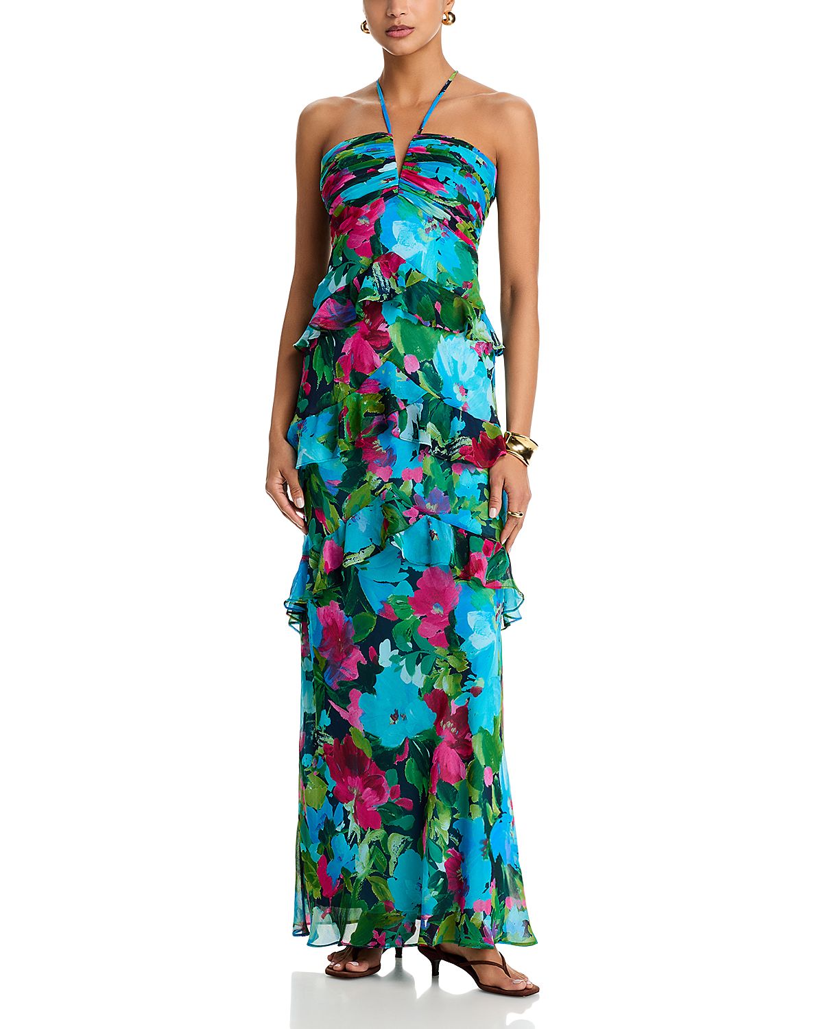 Aqua Chiffon Floral Print Ruffle Dress - Exclusive