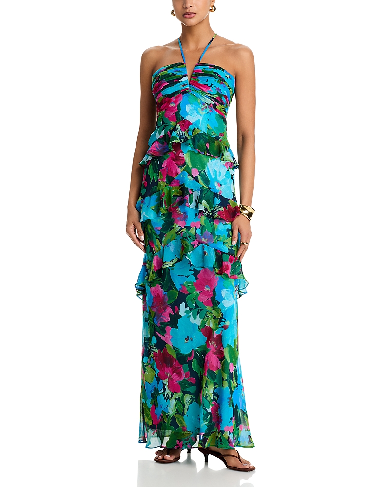 Aqua Chiffon Floral Print Ruffle Dress - Exclusive