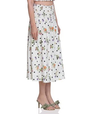 Botanical Print Smock Waist Midi Skirt