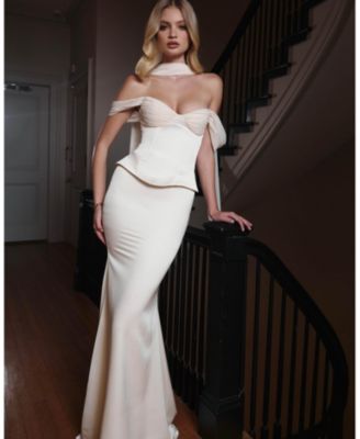  Jessalyn Sweetheart Peplum Mermaid Wedding Dress with Chiffon Scarf