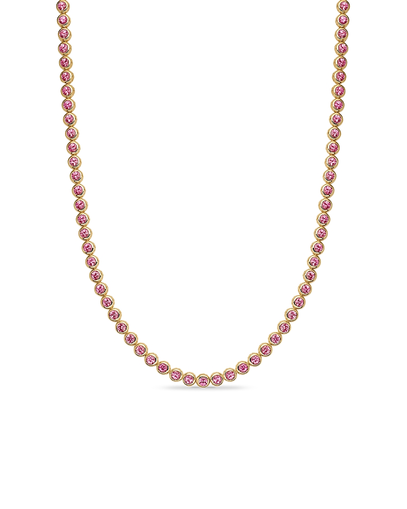 Bezel Set Tennis Necklace in 18K Yellow Gold with Pink Tourmalines, 4.7mm