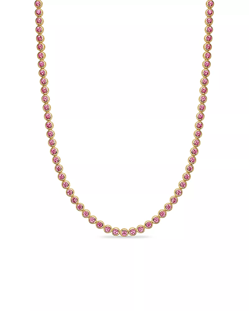 Bezel Set Tennis Necklace in 18K Yellow Gold with Pink Tourmalines, 4.7mm