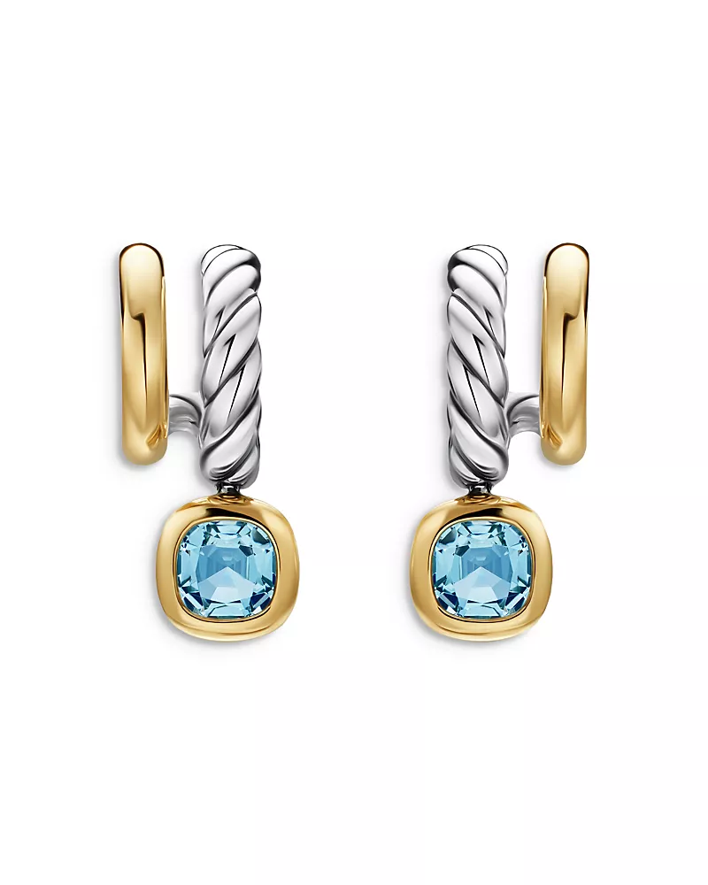 Dy Mercer Color Two Row Drop Earrings in Sterling Silver with 18K Yellow Gold and Sky Blue Topaz, 19.5mm