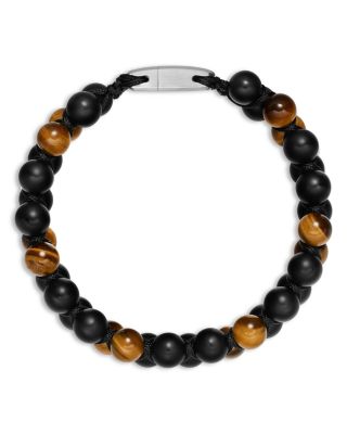 Men's Spiritual Beads Two Row Woven Bracelet Collection with Black Onyx, Tiger's Eye, Black Nylon and Sterling Silver, 8mm