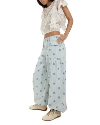Lotus Embroidered Railroad Stripe Balloon Jeans in Indigo Rain