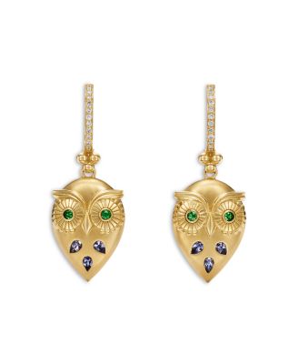 FJ Tanzanite & Tsavorite Night Owl Drop Earrings in 18K Yellow Gold