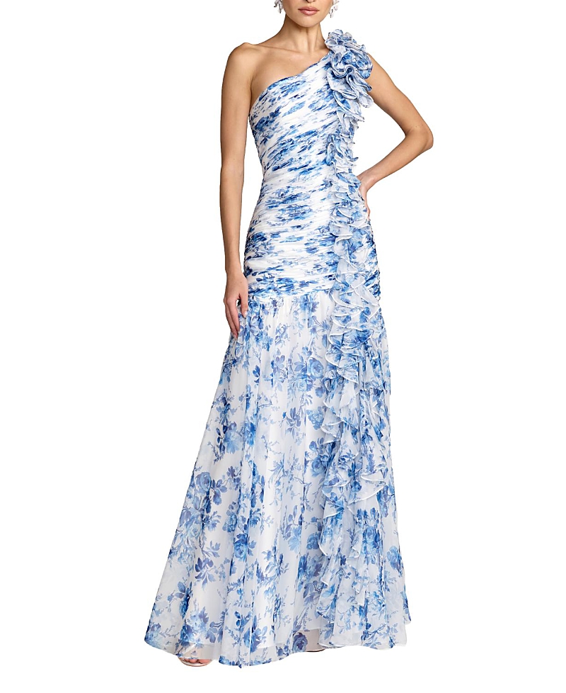 Mac Duggal Printed Chiffon One Shoulder Ruched Ruffle Gown