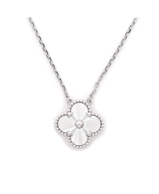  Vintage Alhambra Pendant Necklace Guilloche 18K White Gold, 16.75"