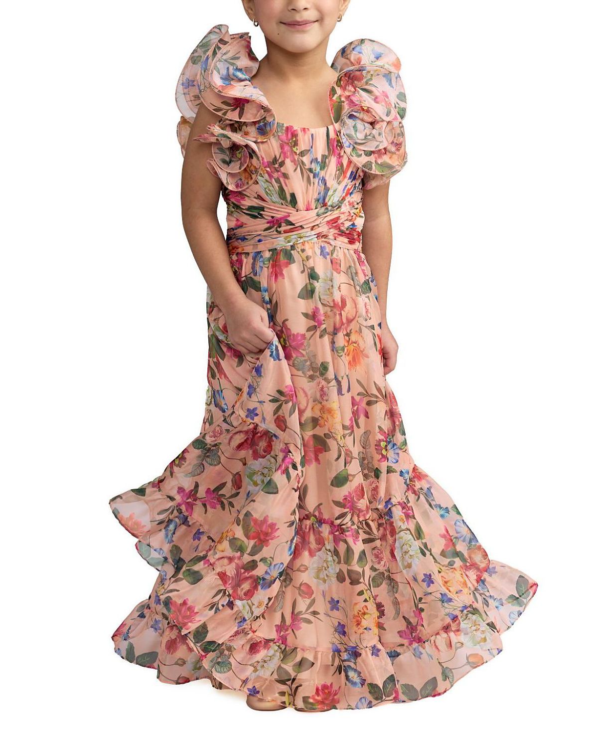 Mac Duggal Girls' Floral Chiffon Ruffle Shoulder Dress - Little Kid, Big Kid