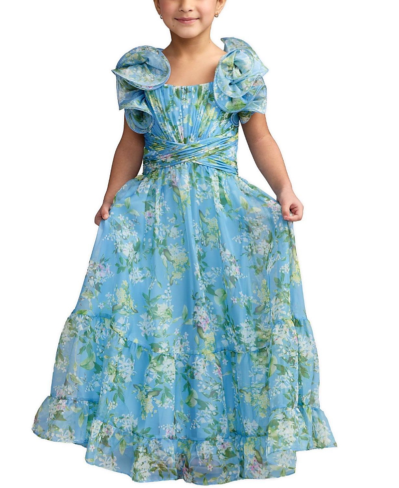 Mac Duggal Girls' Floral Chiffon Ruffle Shoulder Dress - Little Kid, Big Kid