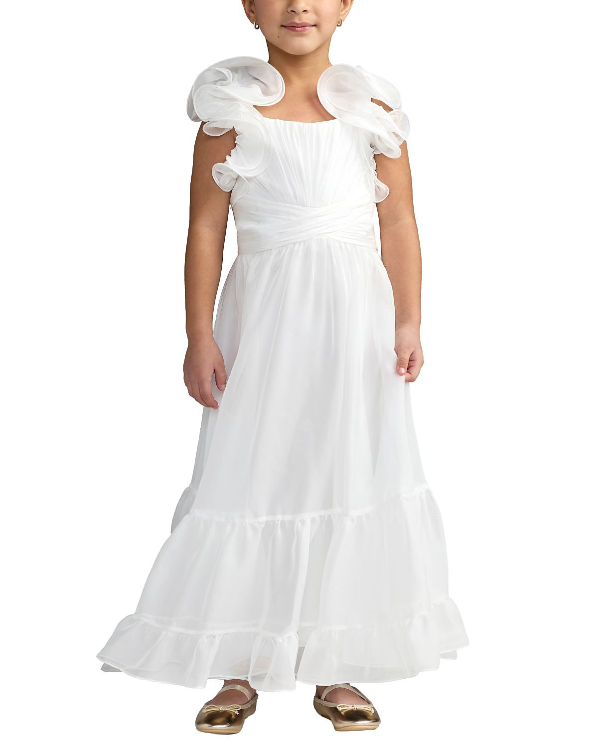 Mac Duggal Girls' Floral Chiffon Ruffle Shoulder Dress - Little Kid, Big Kid