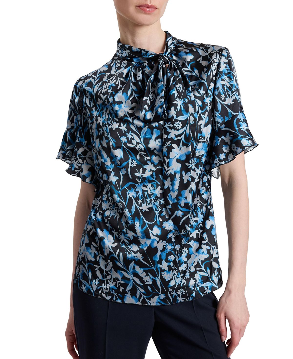 Santorelli Athena Floral Blouse with Short Flutter Sleeves
