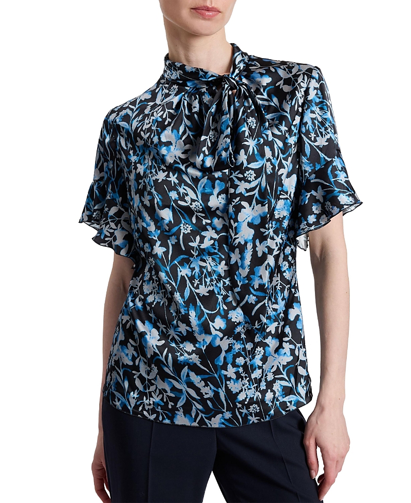 Santorelli Athena Floral Blouse with Short Flutter Sleeves