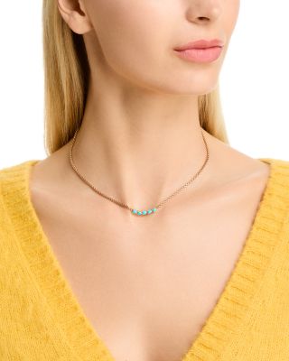 14K Yellow Gold Turquoise Gemstones Five Stone Collar Necklace, 14-16"