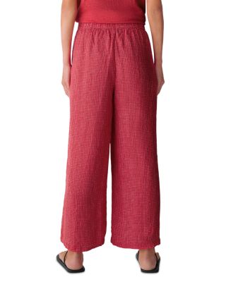 Puckered Linen Grid Wide Ankle Pants with Drawstring