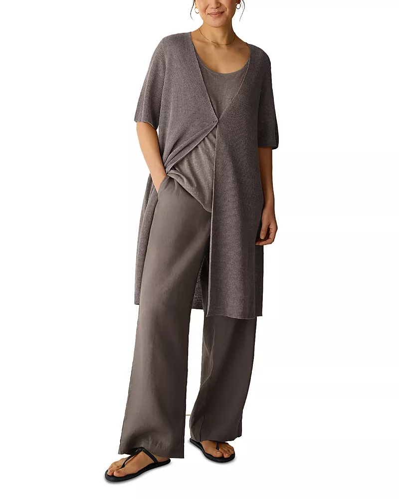Eileen Fisher Delave V Neck Elbow Sleeve Linen Cardigan Sweater