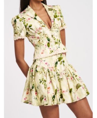  Zanella Floral Print Lace Trim Linen Top