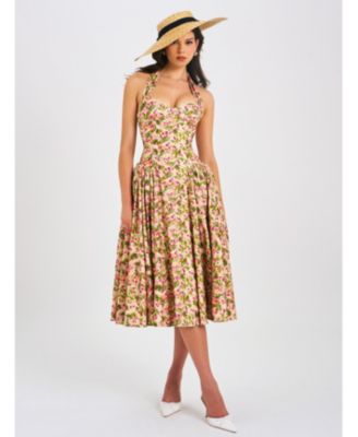  Niya Floral Print Linen Halter Corset Maxi Dress