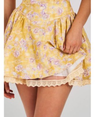  Oana Floral Print Linen Collared Off Shoulder Mini Dress