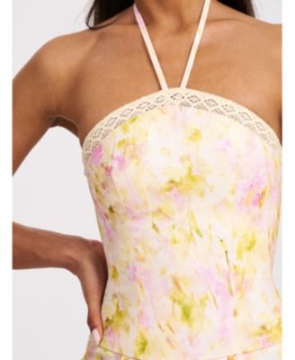  Zaina Floral Print Lace Trim Linen Midi Dress