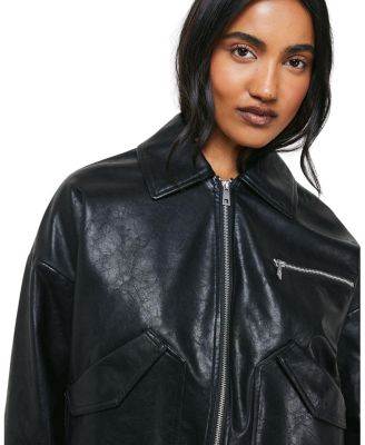 Faux Leather Distressed Bomber Jacket
