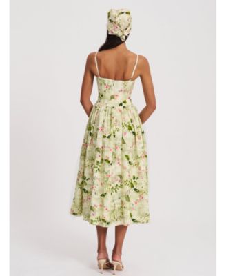  Jacinda Floral Print Ruched Breast Linen Midi Dress
