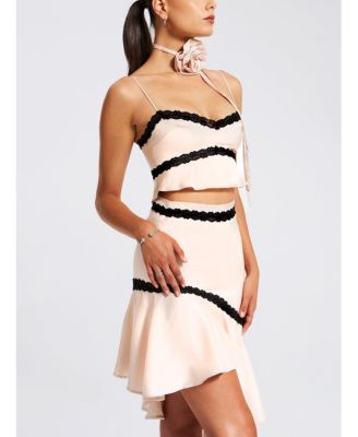  Yahvi Lace Trim Satin Skirt