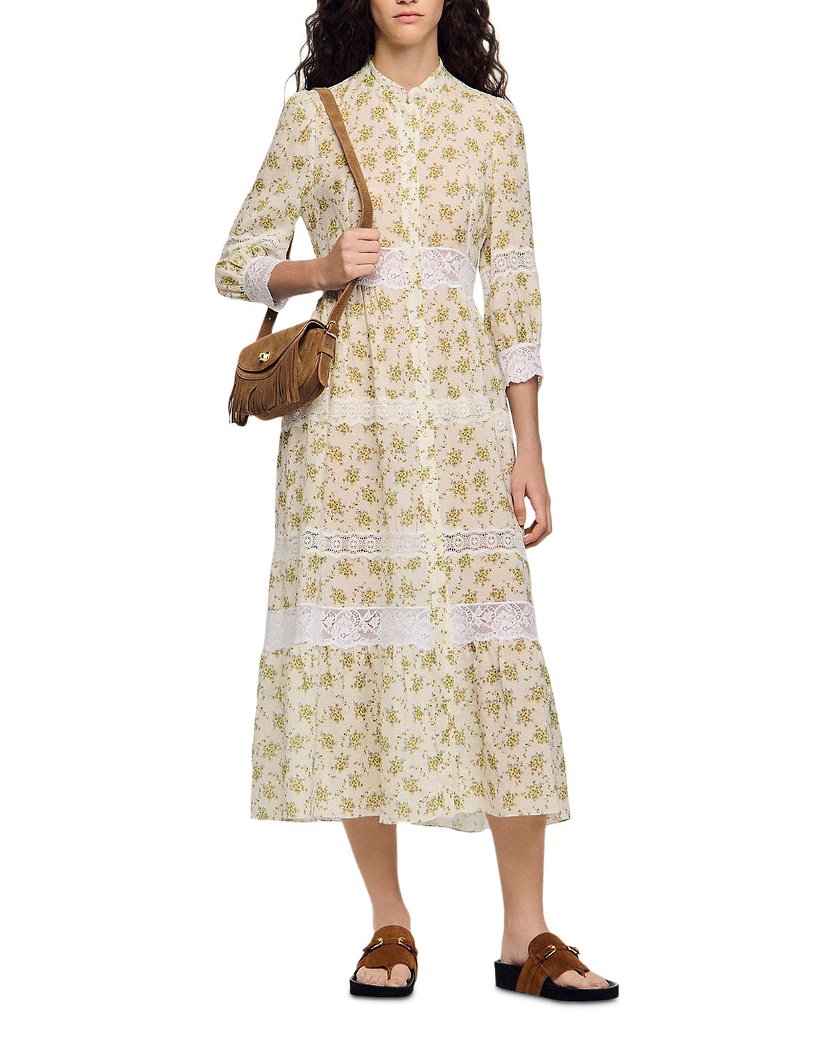 Sandro Floral Lace Trim Maxi Dress