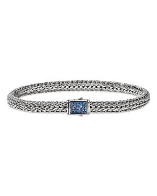 Sterling Silver Icon Blue Sapphire Pav&eacute; Clasp Woven Link Bracelet, 5mm