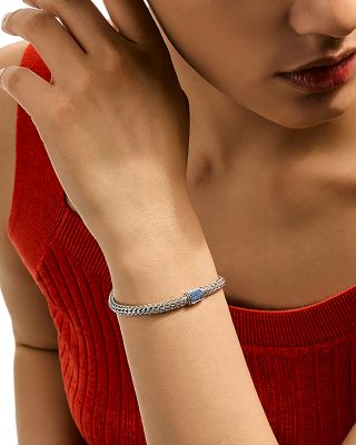 Sterling Silver Icon Blue Sapphire Pav&eacute; Clasp Woven Link Bracelet, 5mm